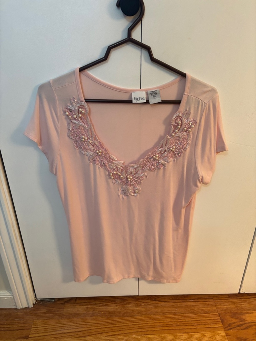 Together Light Pink Beaded V-Neck Short Sleeve Top